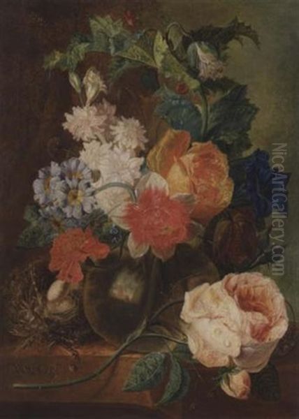 A Still Life With Roses And Other Flowers In A Glass Vase Together With A Bird's Nest, All Resting On A Stone Ledge Oil Painting by Jan van Os