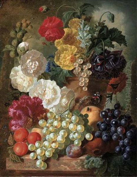 Poppies, Hollyhocks, An Anemone And Other Flowers In A Terracotta Urn With Grapes, A Plum, Pomegranates, Apricots, Peaches And A Cockscomb With A Butterfly Oil Painting by Jan van Os