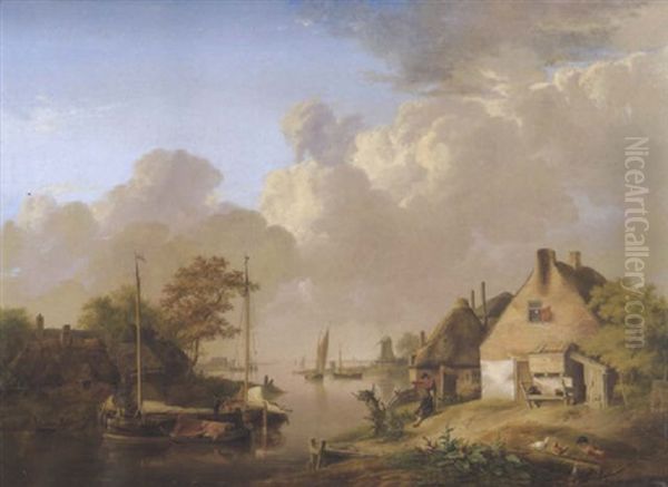 Niederlandische Flusslandschaft Mit Dorf Und Figuren Oil Painting by Jan van Os