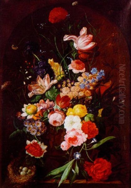 Roses, Carnations, Tulips, Narcissi And Other Flowers In A Sculpted Urn On A Ledge With A Bird's Nest Oil Painting by Jan van Os