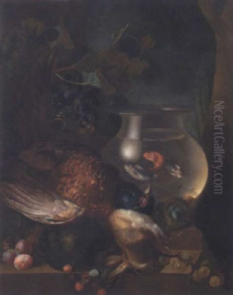 A Still Life Of A Pheasant, A Rabbit, A Goldfish Bowl, A Bird's Nest, A Melon, Plums, Gooseberries And Raspberries, All Arranged Upon A Stone Ledge Oil Painting by Jan van Os