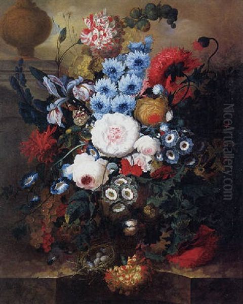 Still Life Of Flowers In A Vase Resting On A Marble Ledge Oil Painting by Jan van Os