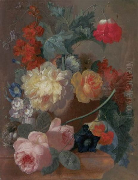 Roses, A Poppy Bougainvillea, Peonies, Morning Glory, Primulas And A Coxcomb In A Terracotta Vase With A Bird's Nest, A Landscape Beyond Oil Painting by Jan van Os