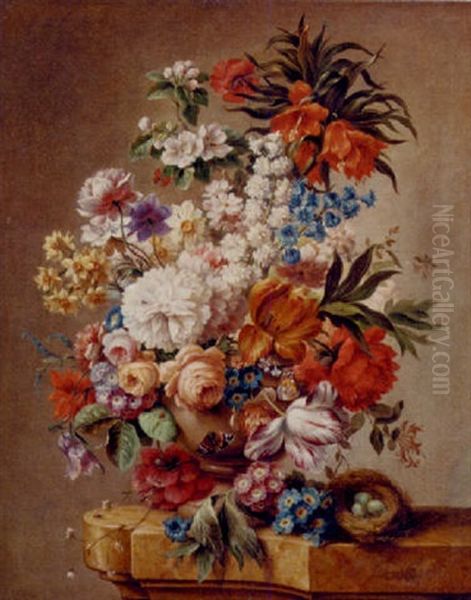 A Floral Still Life With A Nest On A Ledge Oil Painting by Jan van Os