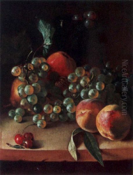 A Still Life With Peaches, Grapes, Cherries, A Walnut, A Pear, An Apple And A Glass, All On A Stone Ledge Oil Painting by Jan van Os