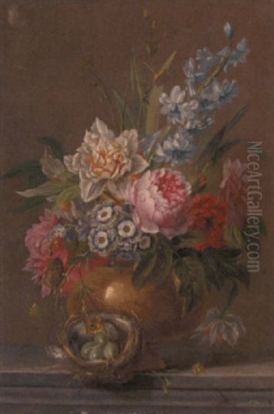 Summer Flowers In A Vase With A Bird's Nest On A Marble Ledge Oil Painting by Jan van Os