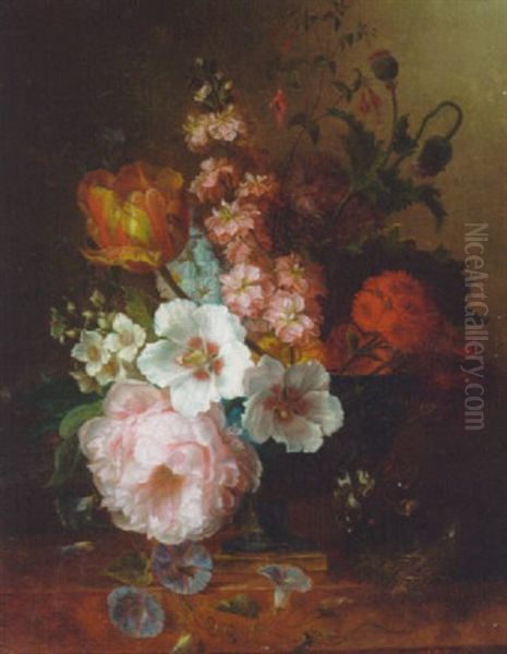 A Tulip, A Peony, Honeysuckle, Narcissi, Poppies, Fuchsia, Morning Glory, Larkspur, Cistus, Marigolds And Other Flowers In An Urn Oil Painting by Jan van Os