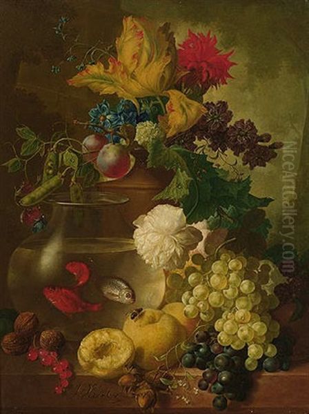 Still Life Of Fruit And Flowers, Together With Walnuts And Hazelnuts, A Bird's Nest And A Goldfish Bowl, A Landscape Beyond Oil Painting by Jan van Os