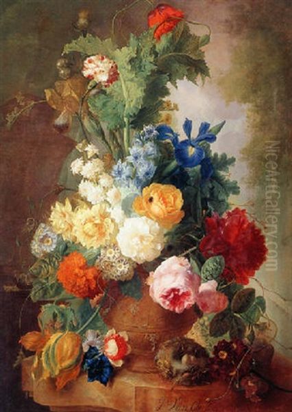 Flowers In A Terracotta Urn With A Bird's Nest On A Marble Ledge, A Garden Beyond Oil Painting by Jan van Os