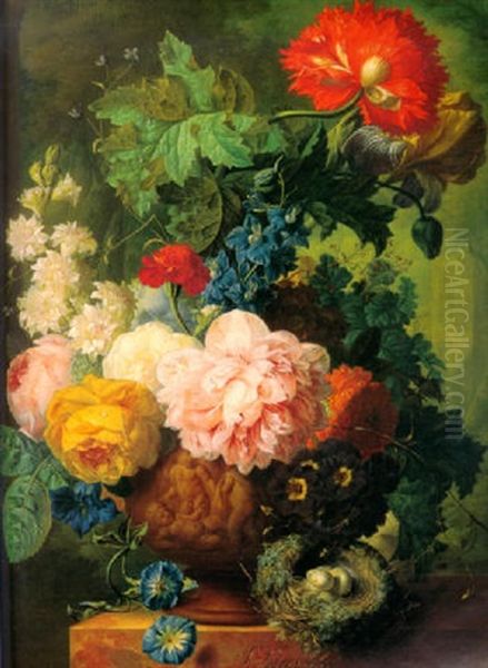 Still Life Of Peonies, Roses, A Poppy, An Iris, Morning Glories And Other Flowers In A Terracotta Vase Decorated With Putti Oil Painting by Jan van Os