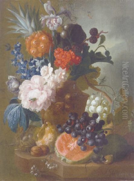 A Peony, An Iris, A Pineapple, Blackberries, Narcissi And Other Flowers In A Terracotta Vase With A Bird's Nest And A Mouse Oil Painting by Jan van Os