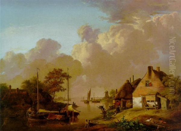 A River Landscape With A Village Oil Painting by Jan van Os