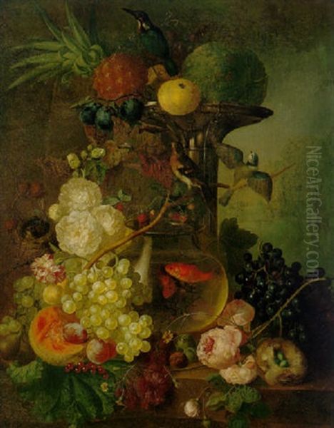 Still Life Of A Pineapple, Melons, Plums, Grapes And Other Fruits, Roses, Birds' Nests And Two Goldfish In A Glass Bowl Oil Painting by Jan van Os