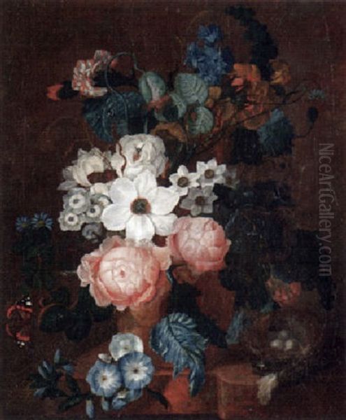 Blumenstilleben Mit Rosen, Narzissen Und Wicken In Skulptierter Keramikvase, Mit Einem Vogelnest Auf Dem Tisch Oil Painting by Jan van Os