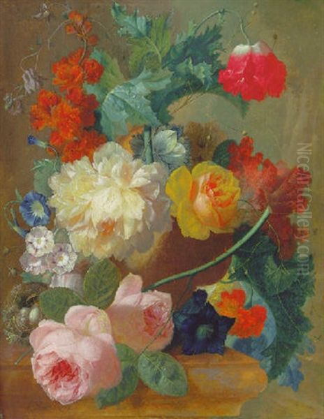 Roses, A Poppy, Bougainvillea, Paeonies, Morning Glory, Primulas And A Coxcomb In A Terracotta Vase With A Bird's Nest On A Marble Ledge, A Landscape Beyond Oil Painting by Jan van Os