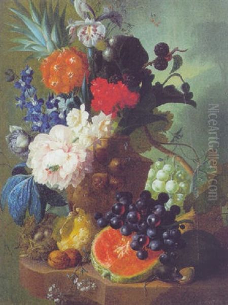 Opstilling Med Melon, Ananas, Druer Og Blomster I En Vase, Pa Bordet Er En Mus I Faerd Med At Spise En Nod Oil Painting by Jan van Os