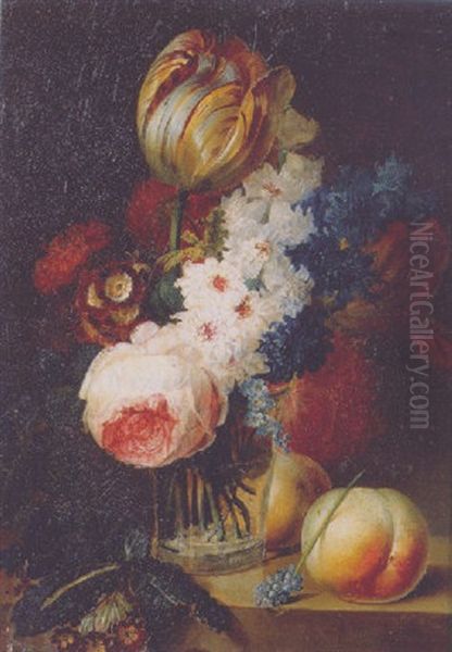 Roses, Tulips, Forget-me-nots And Other Flowers In A Glass Vase With Peaches On A Ledge Oil Painting by Jan van Os