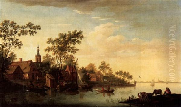 Fischerdorf Mit Schiffen, Figuren Und Kuhherde Oil Painting by Jan van Os