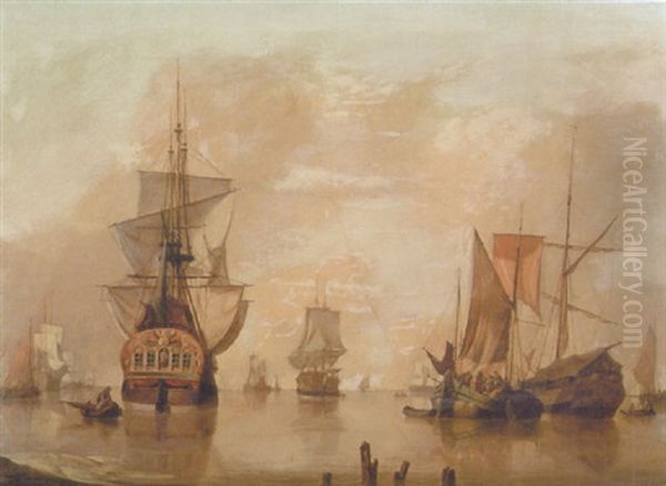 Shipping Off The Coast In A Calm Sea Oil Painting by Jan van Os