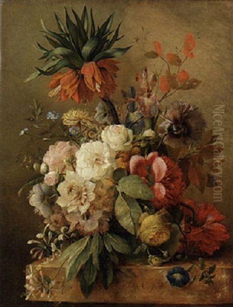 An Imperial Lily, Peonies, Roses, Irises, Honeysuckle, Morning Glory And Poppies In A Glass Vase On A Stone Ledge Oil Painting by Jan van Os