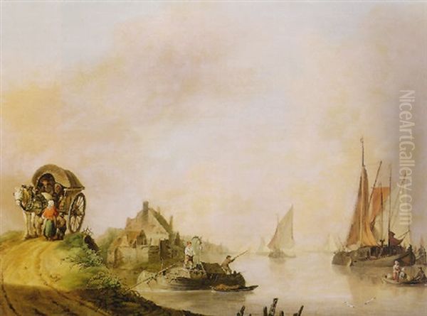 Figures In A Horse-drawn Cart By An Inlet With Ferries And Sailing Boats Oil Painting by Jan van Os