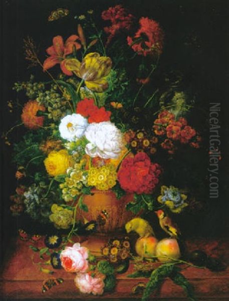 Prachtvolles Blumenstilleben Mit Fruchten Und Getier Auf Einem Tisch Oil Painting by Jan van Os