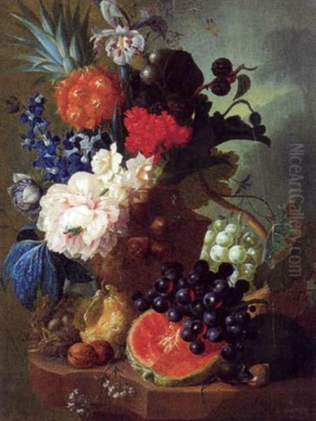 Opstilling Med Melon, Ananas, Druer Og Blomster I En Vase, Pa Bordet Er En Mus I Faerd Med At Spise En Nod Oil Painting by Jan van Os