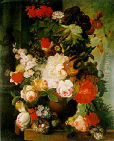 Impressive Still Life Of Flowers And A Bird's Nest Oil Painting by Jan van Os