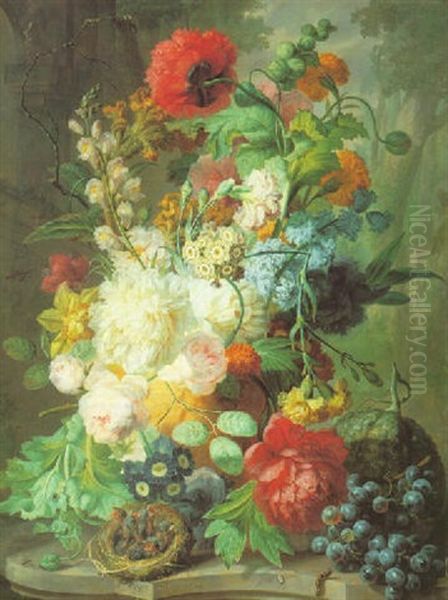 Still Life Of Peonies, Cabbage Roses And Other Flowers In A Sculpted Urn With A Bird's Nest And Fruits On A Ledge Oil Painting by Jan van Os