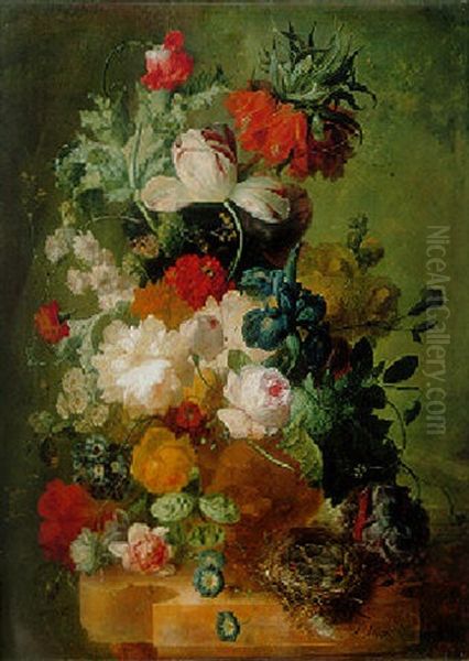 Roses, Peonies, Iris, Tulips And Other Flowers In A Sculpted Urn With A Birds Nest On A Ledge Oil Painting by Jan van Os