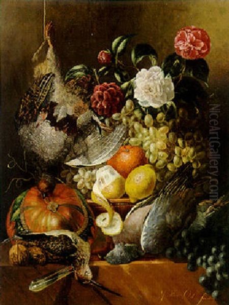 A Partridge, A Snipe, A Pigeon, A Pumpkin, Fruit And Roses On A Ledge Oil Painting by Jan van Os