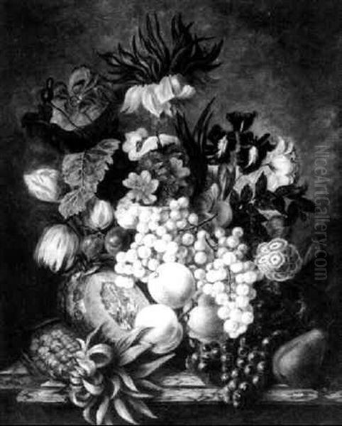 Still Life Of Fruit And Flowers On A Marble Plinth Oil Painting by Jan van Os