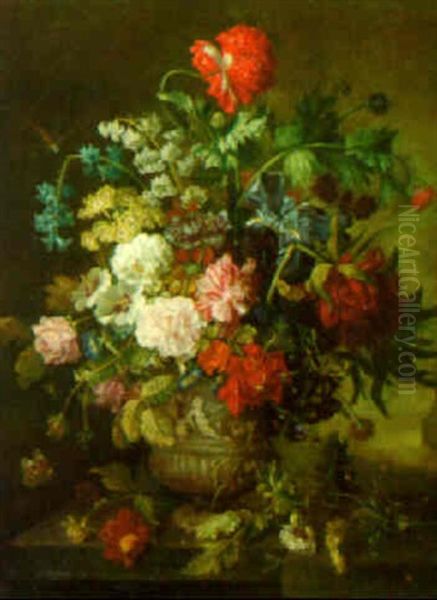 Flowers In A Sculpted Urn On A Ledge Oil Painting by Jan van Os