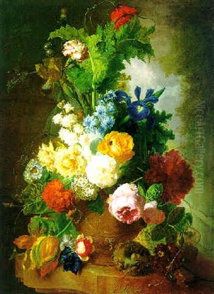 Still Life Of Flowers In A Terracotta Vase And A Bird's Nest On A Marble Ledge In A Landscape Oil Painting by Jan van Os