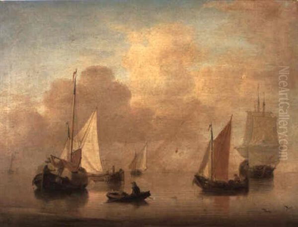 Dutch Smallships Anchored Off A Beach With An Oarsman Returning To Shore Oil Painting by Jan van Os