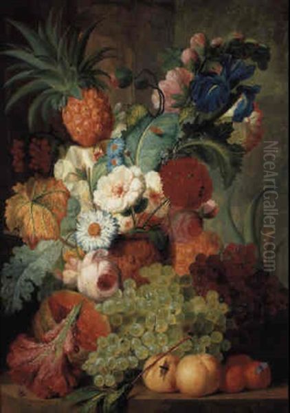 Roses And Other Flowers With Fruit In A Sculpted Vase On A Marble Ledge Oil Painting by Jan van Os