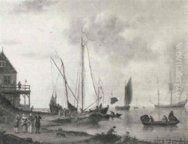 Dutch Shipping In A Calm By A Harbour With Elegant Figures Promenading Oil Painting by Jan van Os