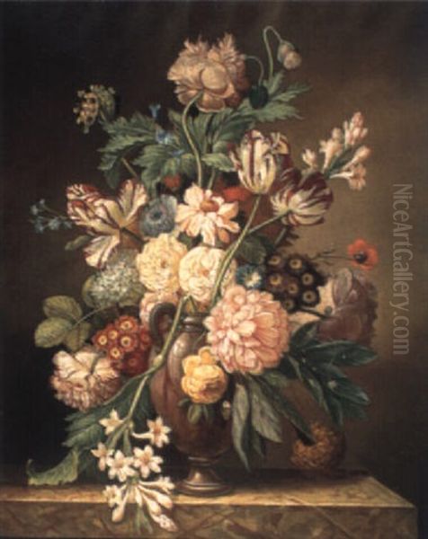 Peonies, Poppies And Tulips In A Stone Case On A Marble Ledge Oil Painting by Jan van Os