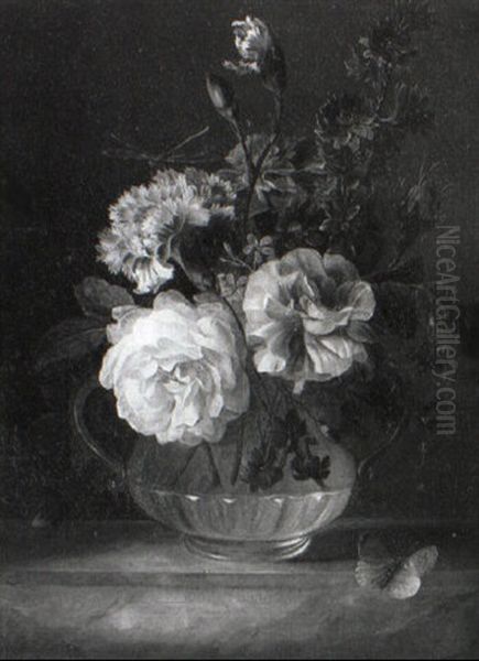 Roses And Other Flowers In A Glass Vase On A Ledge With A Butterfly Oil Painting by Jan van Os