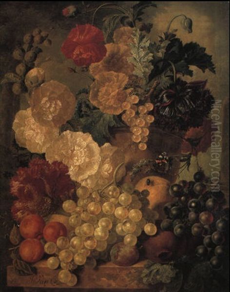 Hollyhocks And Other Flowers In A Terracotta Pot On A Marble Ledge Oil Painting by Jan van Os