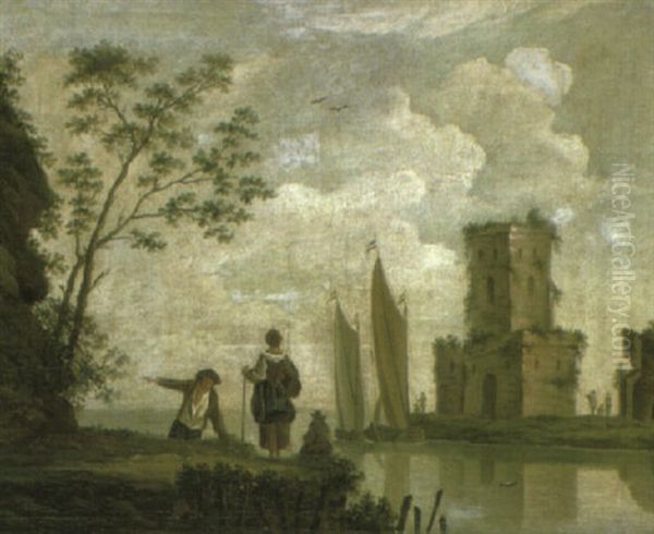 A River Landscape With Peasants On A Bank, A Tower Beyond Oil Painting by Jan van Os