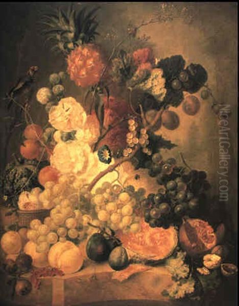 Hollyhocks And Fruit On A Marble Ledge With A Goldfinch Oil Painting by Jan van Os