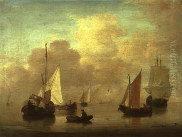 Dutch Smalschips Anchored Off A Beach With An Oarsman Returning To Shore Oil Painting by Jan van Os