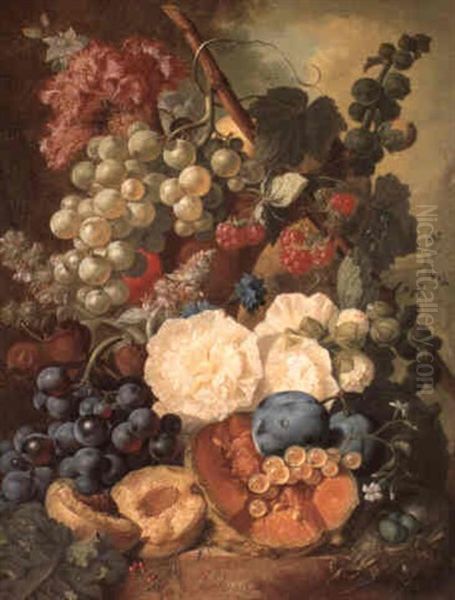 Still Life Of Flowers With Grapes, A Peach, A Melon And     Plums Oil Painting by Jan van Os