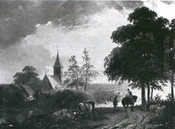 Landschaft Mit Einer Kirche Und Zwei Personen Im Gesprach Oil Painting by Jan van Os