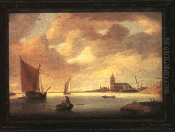 Boats In Calm Water Off A Dutch Town Oil Painting by Jan van Os