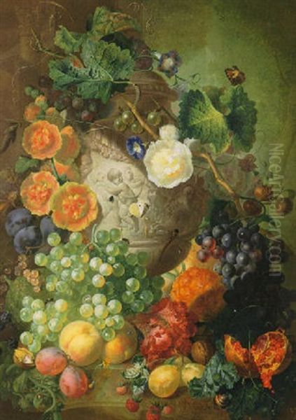 Still Life Of Flowers And Fruit Before A Stone     Urn... & Still Life With Flowers In A Stone Vase... Oil Painting by Jan van Os