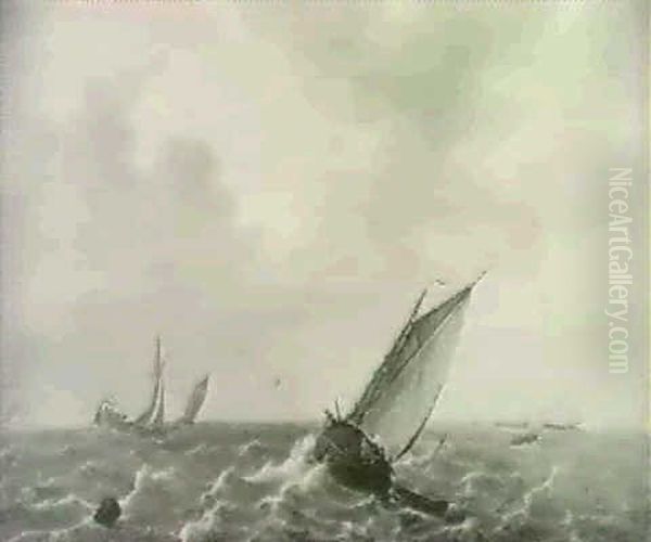 Fishing Boats In A Swell With Men-o'-war                    In The Distance Oil Painting by Jan van Os