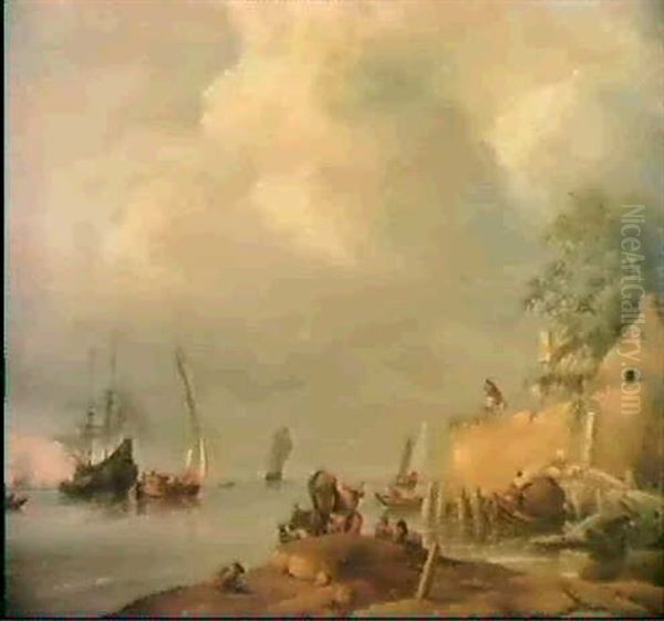 A Coastal Landscape With Figures Unloading A Rowing Boat    Near Cattle In The Foreground And A Sailing Vessel Being Oil Painting by Jan van Os