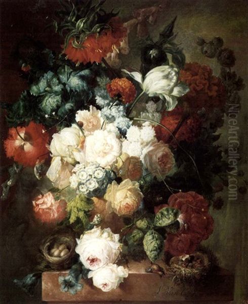 Still Life Of Flowers With Bird Nests On A Marble Ledge Oil Painting by Jan van Os